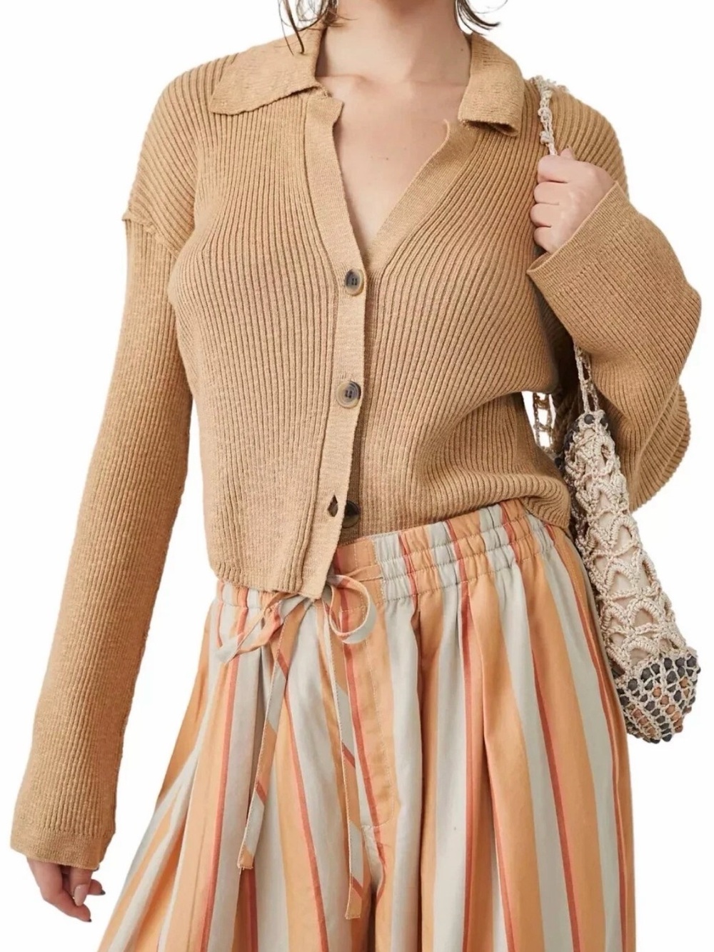 Free People Ella Sweater Shirt Cardigan Iced Coffee Linen Blend Size Medium